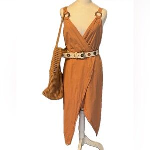 **FAVLUX Asymmetrical Faux Wrap Plunging
V Neck Midi Dress